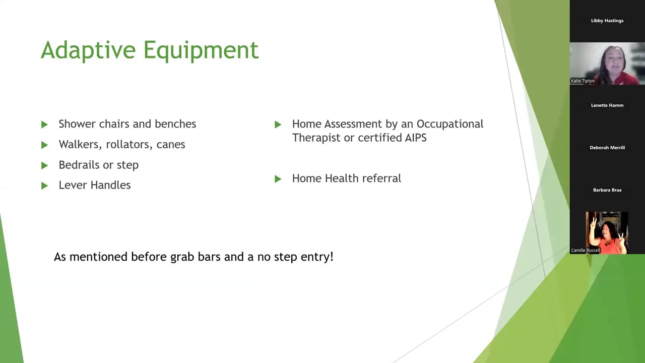 Slide titled adaptive equipment with bullet list of common fall prevention devices