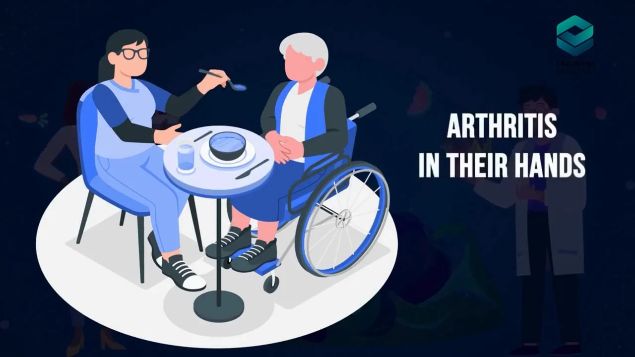Illustration of a seated person in a wheelchair being assisted at a table with text about arthritis in their hands