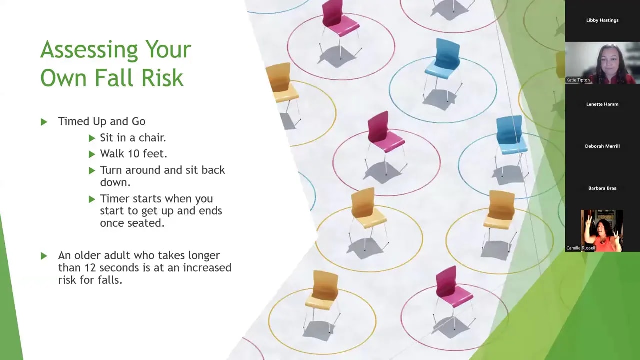 Slide titled assessing your own fall risk with bullet points on timed tests