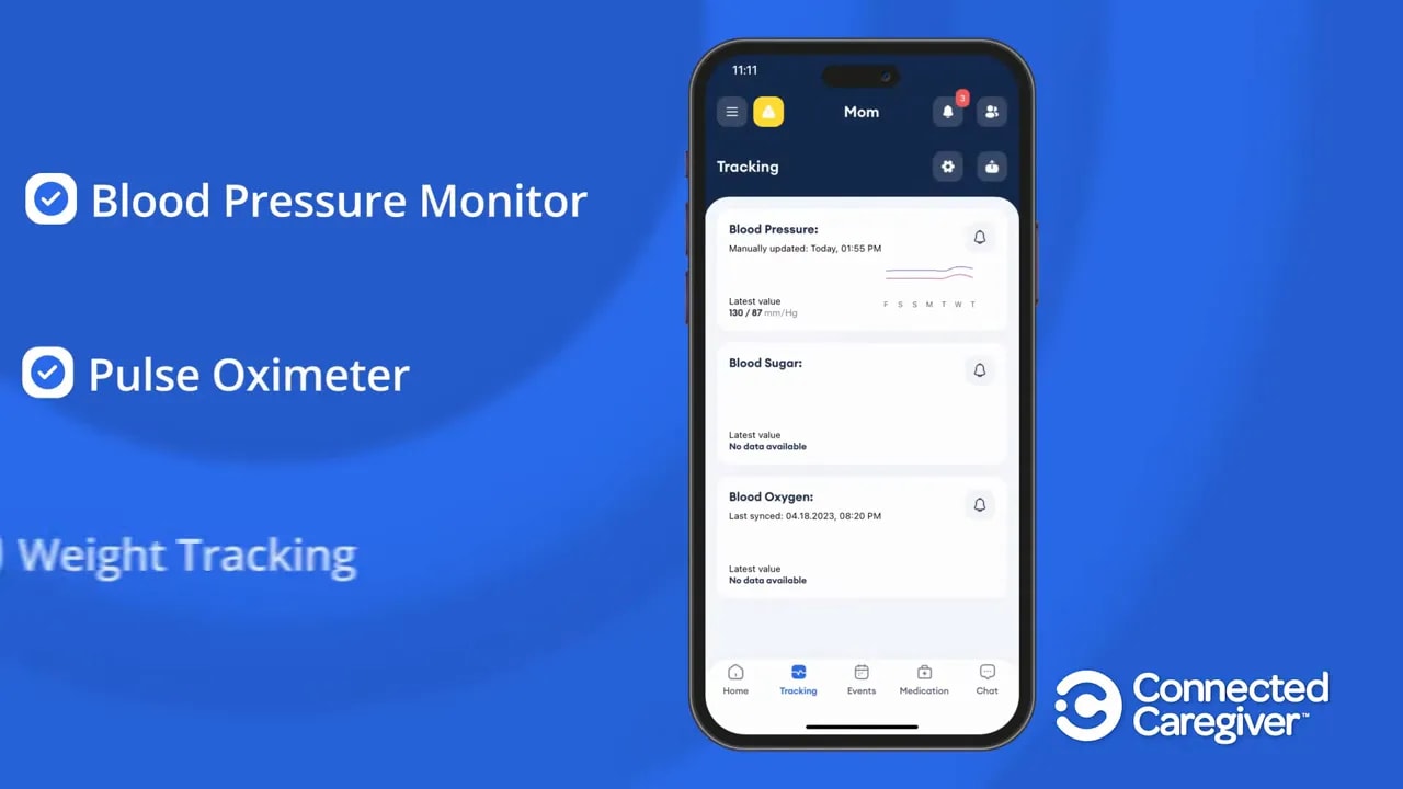 Phone app screen beside a list showing blood pressure monitor, pulse oximeter, and weight tracking