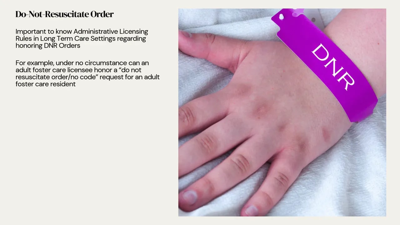 Slide titled Do Not Resuscitate Order with text and an image of a hand wearing a purple DNR wristband