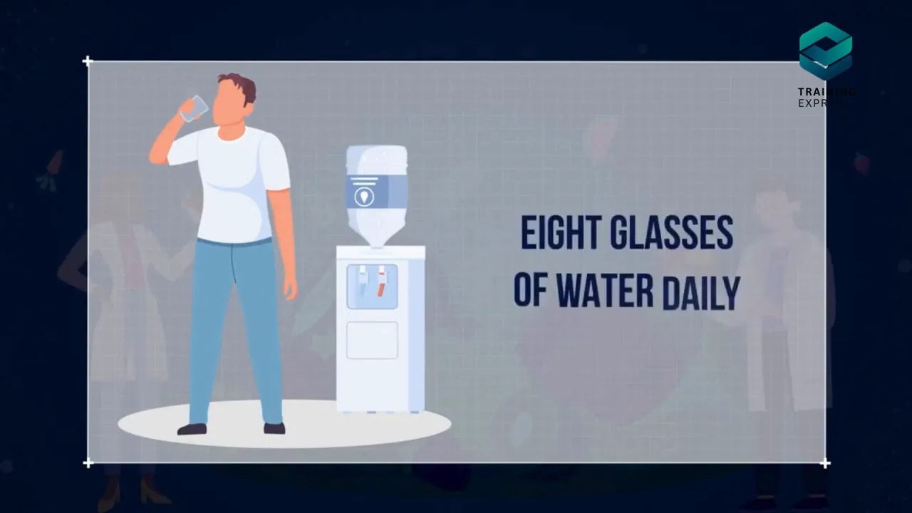 Person beside a water dispenser with text saying eight glasses of water daily