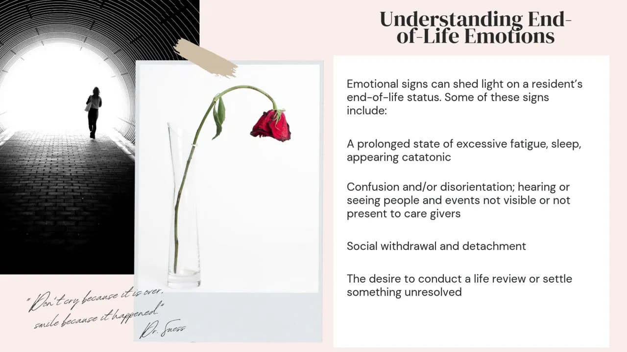 Slide listing emotional signs at end of life such as confusion social withdrawal life review and funeral planning