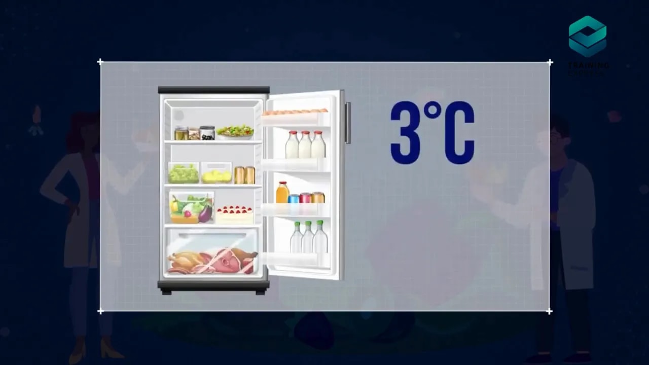 Open refrigerator graphic with large 3 degrees Celsius and 4 degrees Celsius text