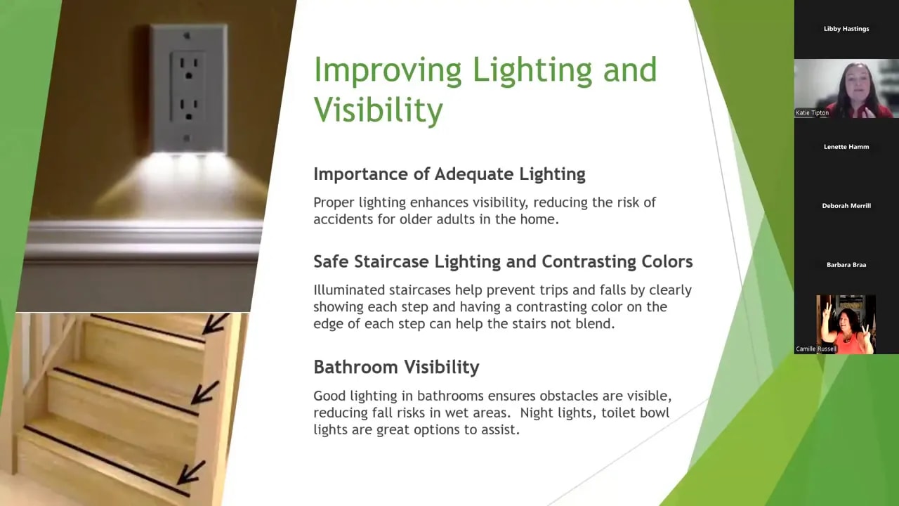 Slide titled improving lighting and visibility with photos of outlet lighting and stair lighting