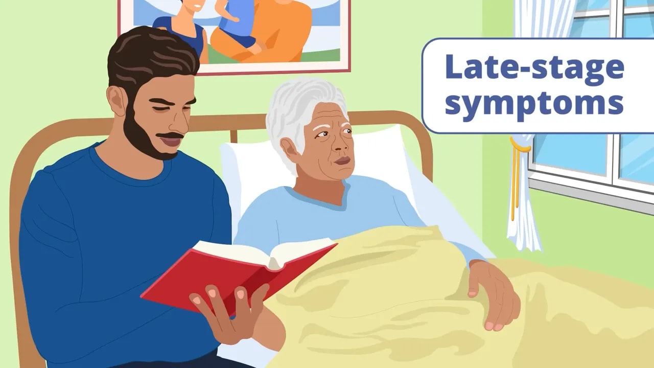 Caregiver sitting beside older adult in bed with label late-stage symptoms
