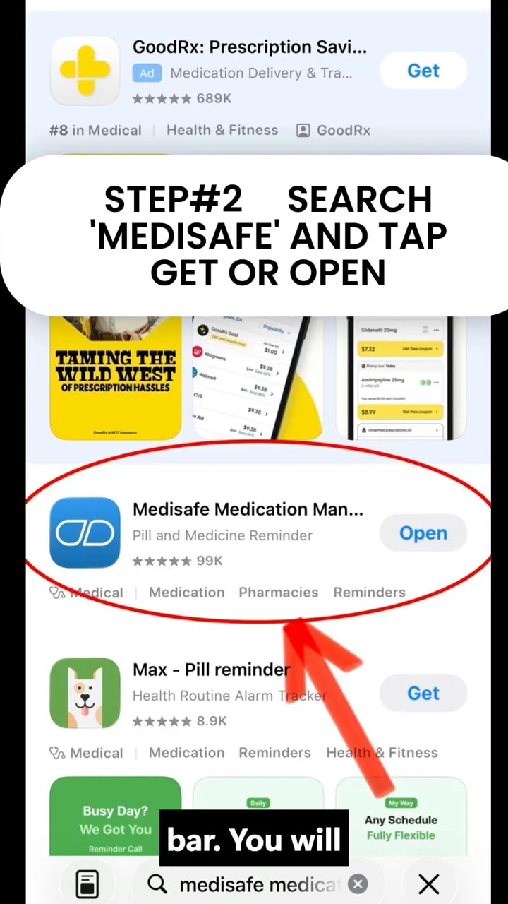 App Store search results showing the Medisafe app listing and open button
