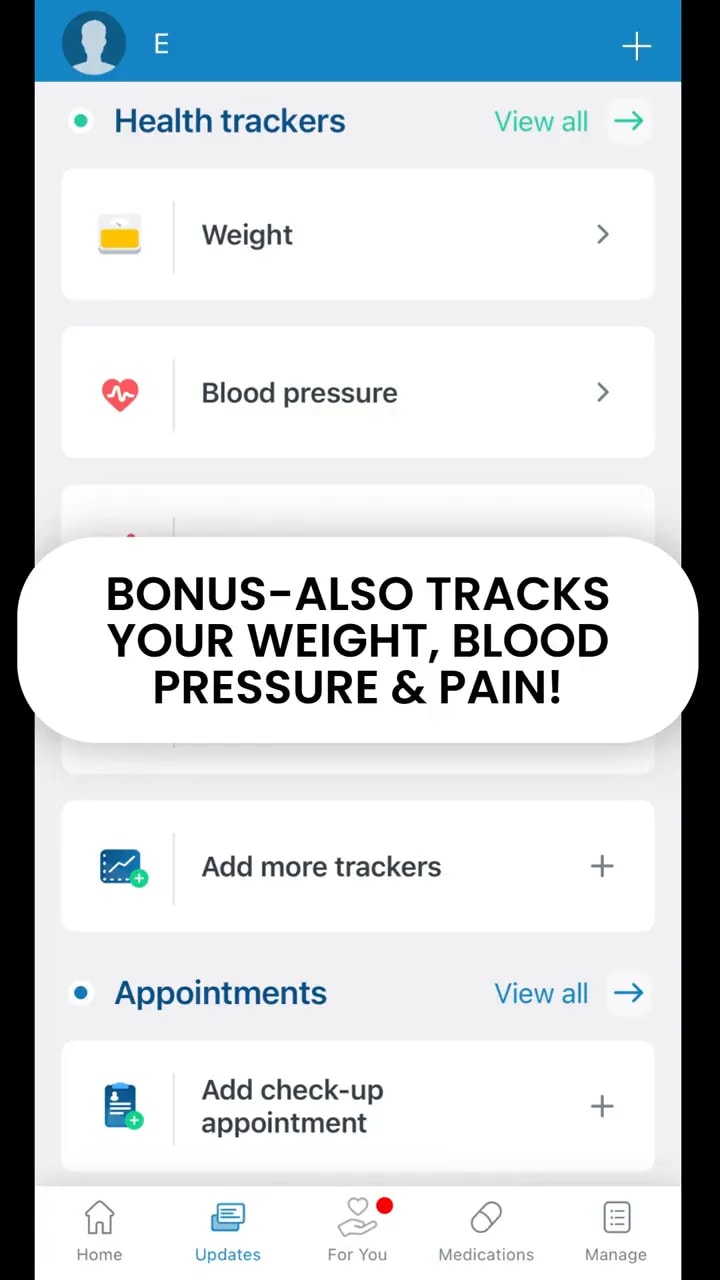 Medisafe health trackers screen showing weight blood pressure and add more trackers options