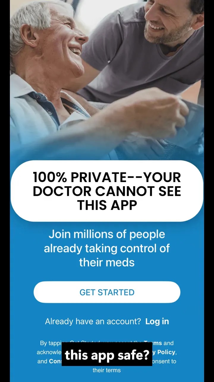 Medisafe welcome screen with text about privacy and a get started button
