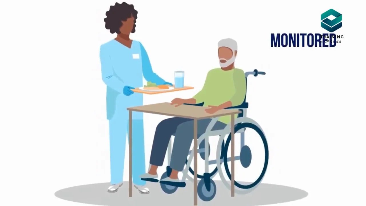Care worker standing beside a person in a wheelchair at a meal tray with the word monitored on screen