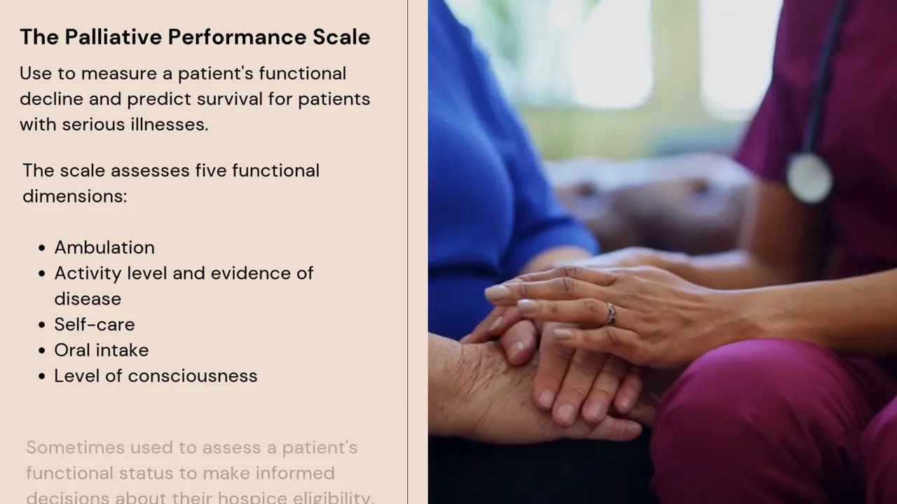 Slide listing the Palliative Performance Scale and its five functional dimensions
