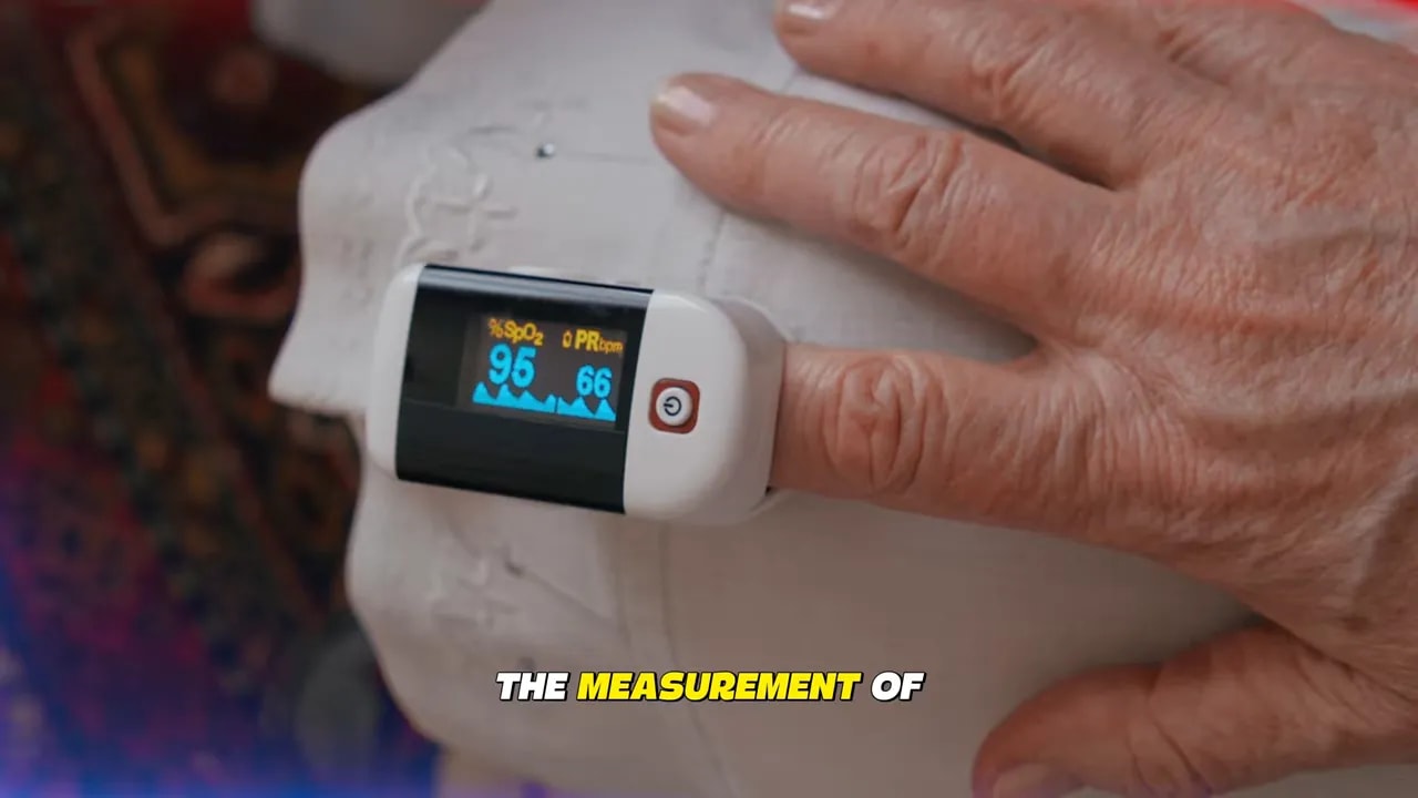 close-up of a pulse oximeter on a finger showing oxygen and pulse readings