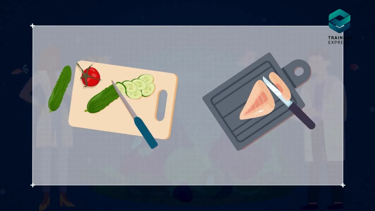 Illustration of vegetables on a chopping board beside raw chicken on a separate board