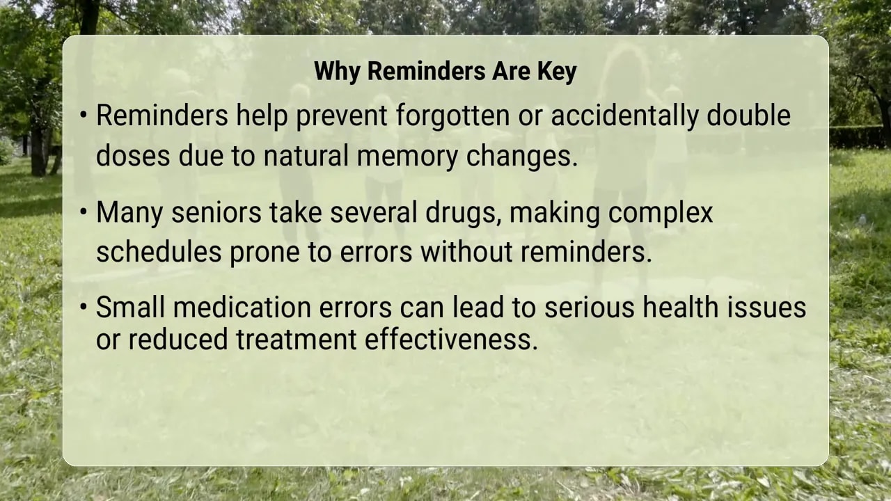 Slide titled Simple Reminder Solutions with bullet points about pill organizers, alarms, smart speakers, and caregiver assistance