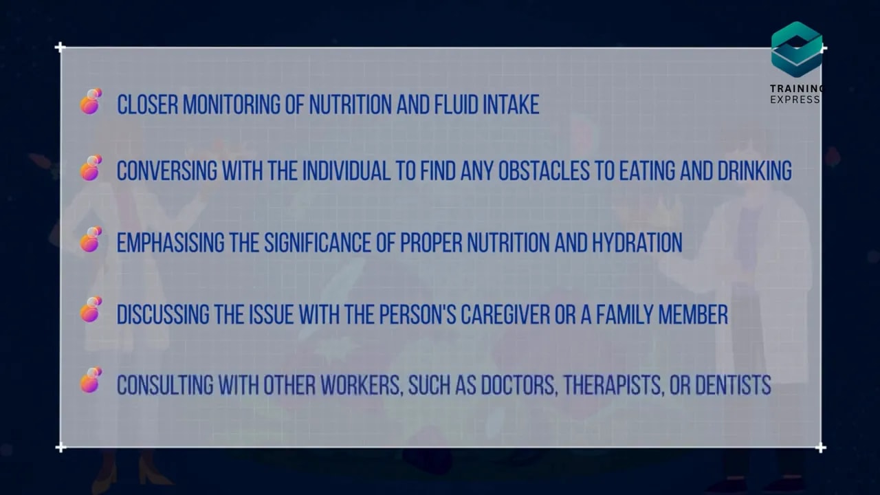 Slide listing actions such as close monitoring conversation family discussion and consulting other workers